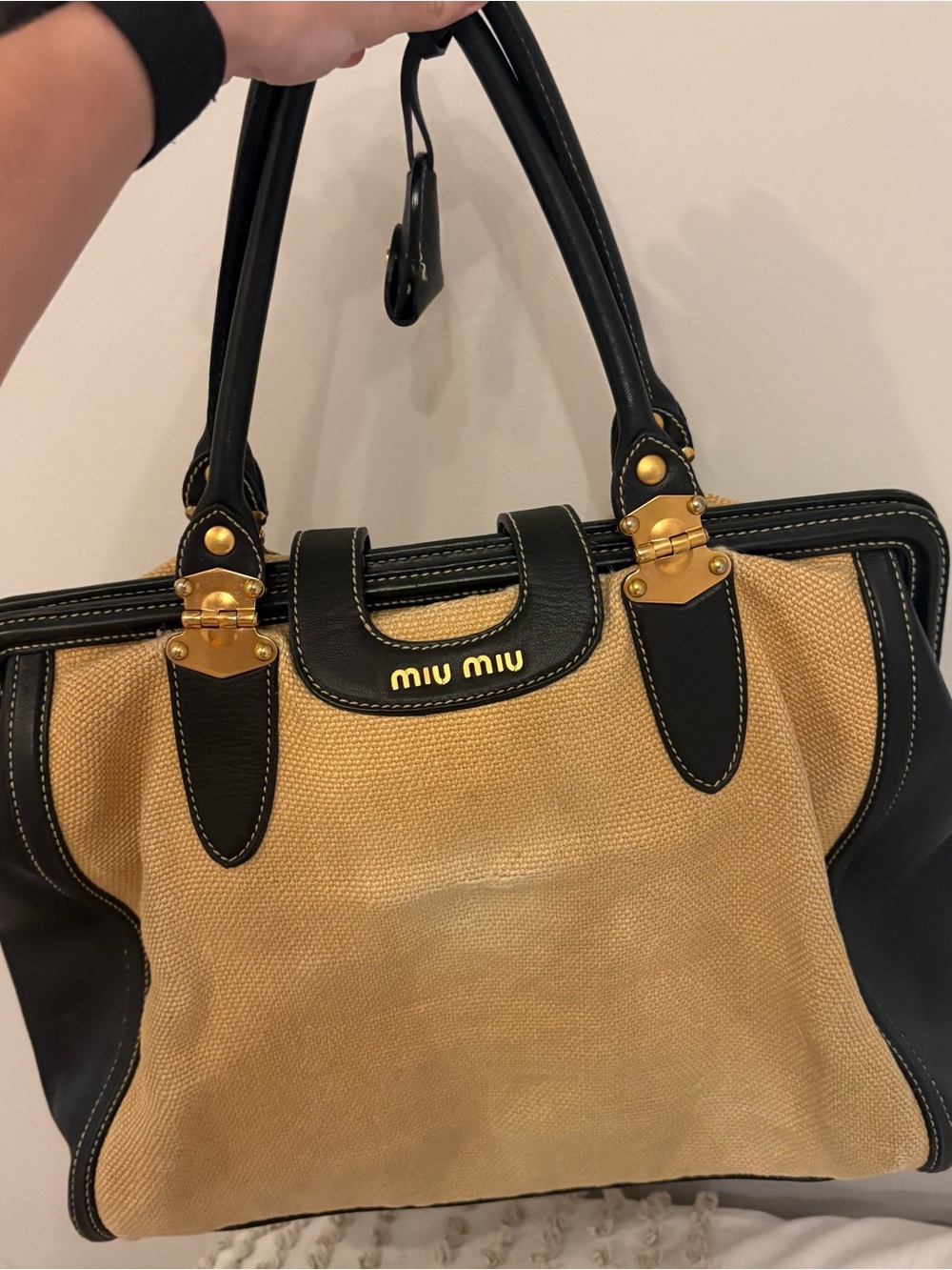 Vintage Miu Miu Linen and Leather Satchel with rose gold hardware